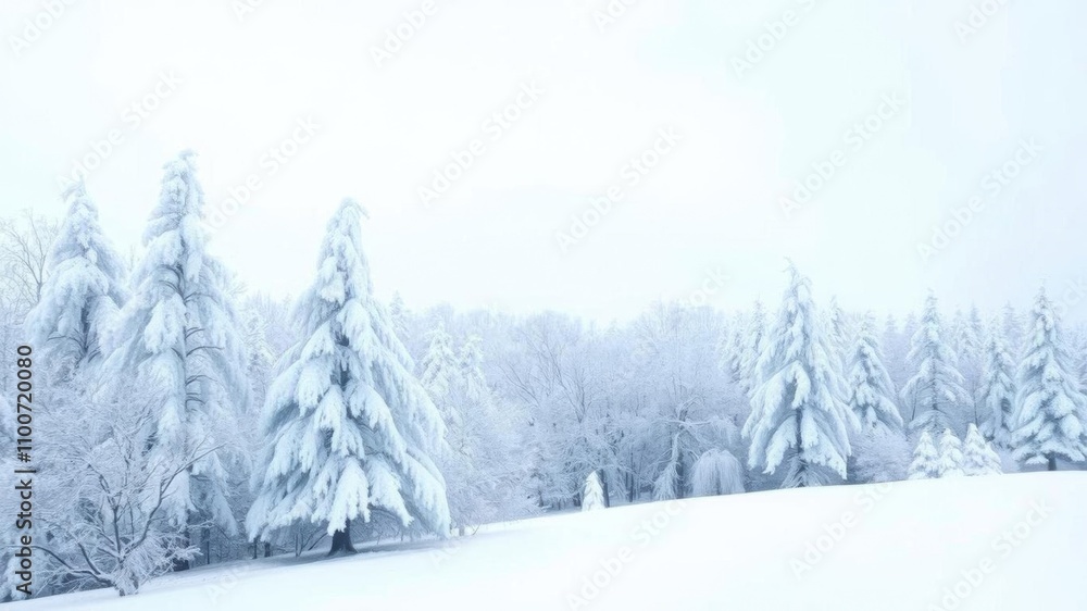 Fototapeta premium A serene winter landscape featuring snow-covered trees, creating a tranquil and picturesque scene, outdoors, landscape