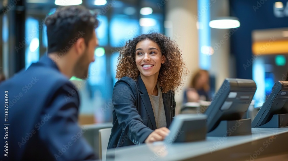 Fototapeta premium Bank receptionist greeting customers and managing transactions at the front desk of a bank