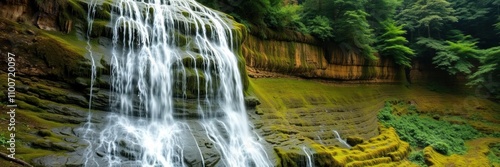 A majestic waterfall cascading down a mossy cliff in a lush forest setting, serene, beauty