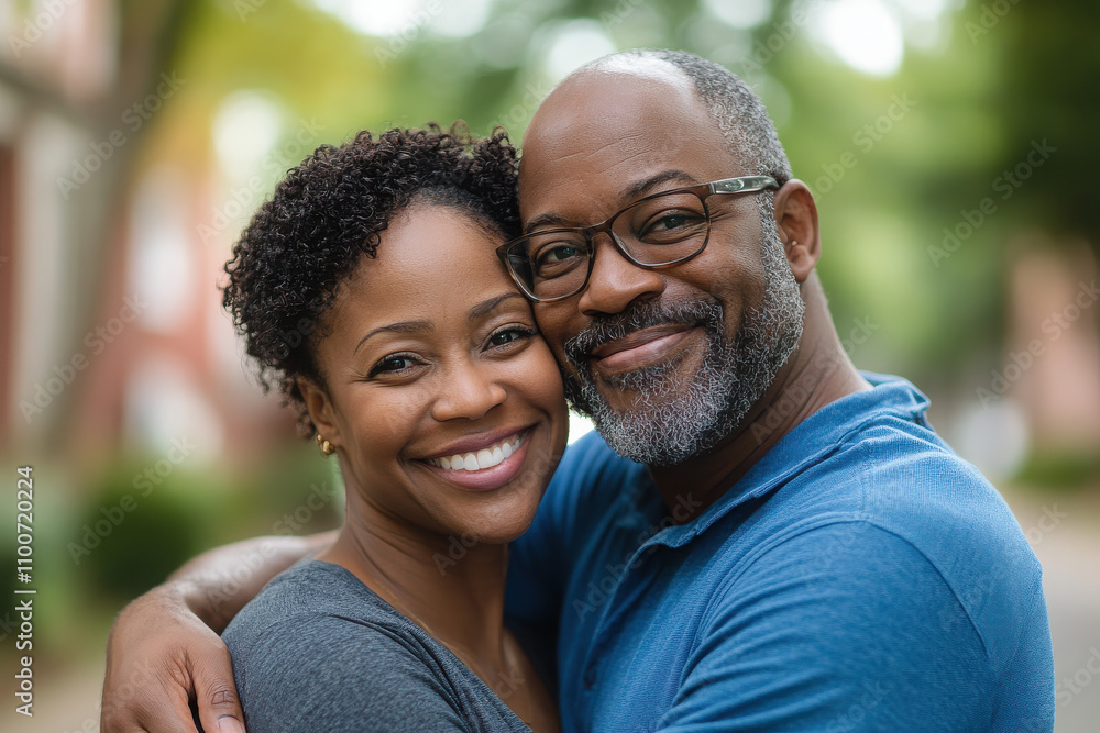 Fototapeta premium A joyful couple embracing outdoors, smiling at the camera.