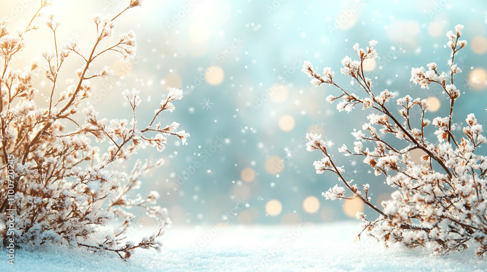 Fototapeta premium serene winter scene of frosted branches adorned with delicate snowflakes, evoking a peaceful, magical atmosphere and symbolizing the beauty of nature’s stillness in cold weather