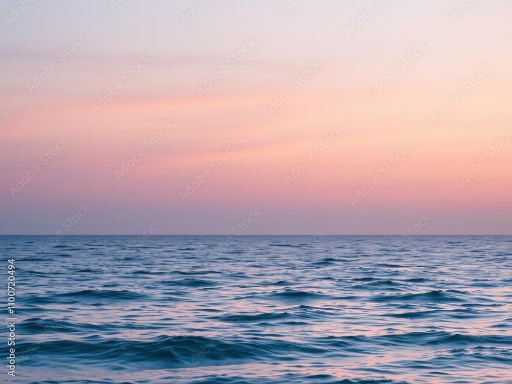 Fototapeta premium A peaceful ocean horizon at sunset, with soft pastel colors reflecting on the water, landscape, reflection