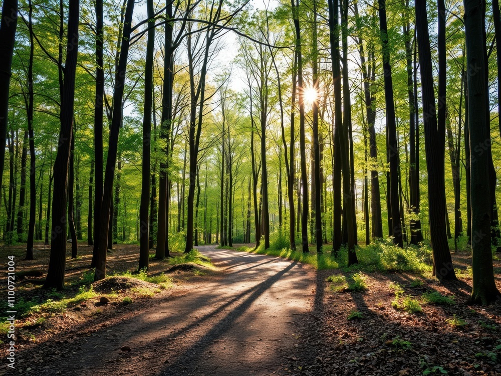 Obraz premium A scenic forest trail winding through tall trees with sunlight filtering through the branches, creating a peaceful and serene atmosphere, trees, forest