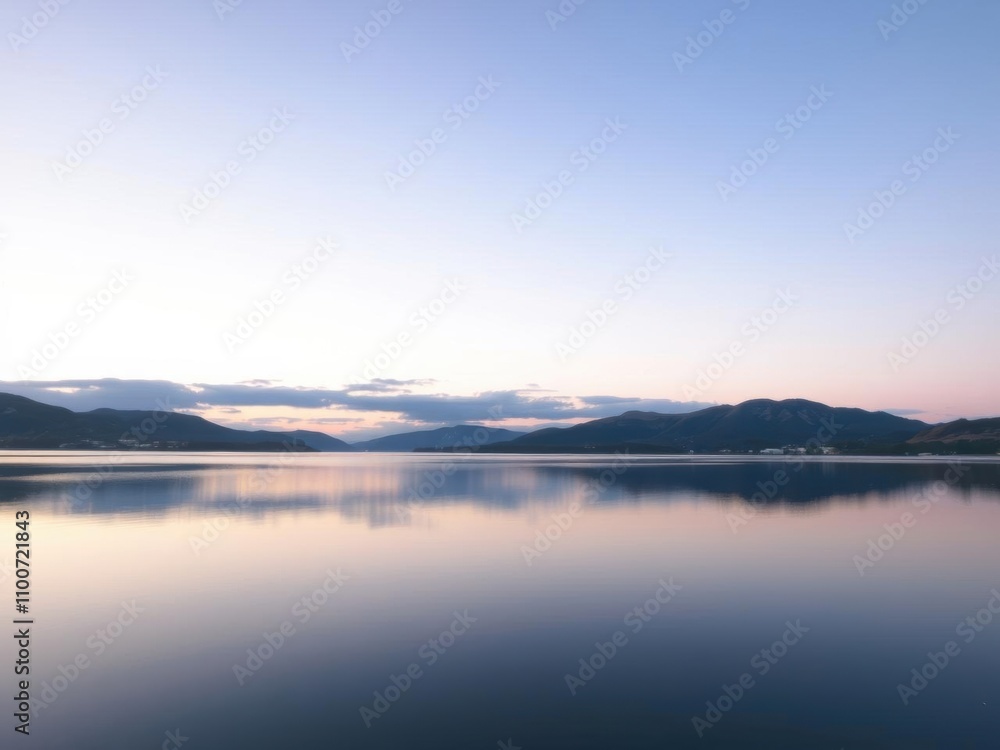 Obraz premium A serene image of a tranquil lake at dusk, reflecting the soft colors of the sky and surrounding landscape, lake, evening