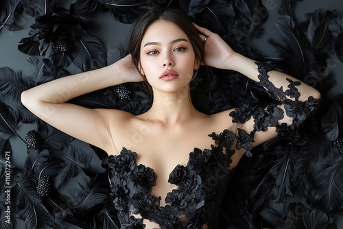 Fashion model lying on black feathers wearing black dress with floral appliques photo