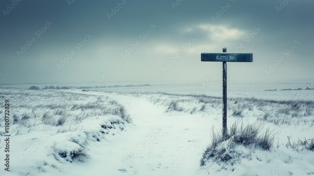 Fototapeta premium A lonely signpost points the way through a peaceful snow-covered landscape, with a muted overcast sky adding to the stillness and calm of the rural winter scene