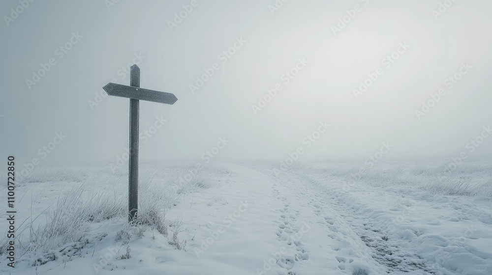 A lonely signpost points the way through a peaceful snow-covered landscape, with a muted overcast sky adding to the stillness and calm of the rural winter scene A lonely signpost points the way through a peaceful snow-covered landscape, with a muted overcast sky adding to the stillness and calm of the rural winter scene
