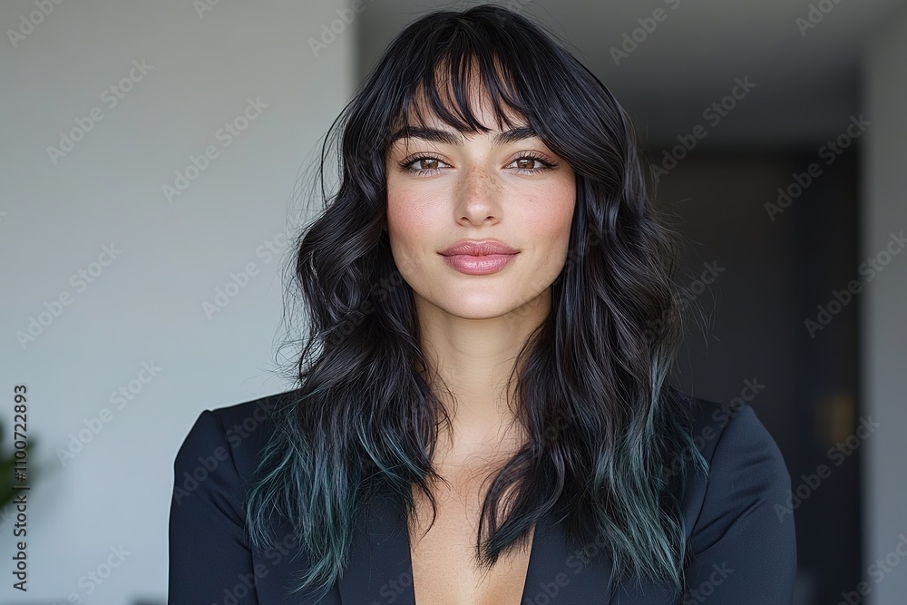Fototapeta premium Confident businesswoman smiling with trendy hairstyle and makeup