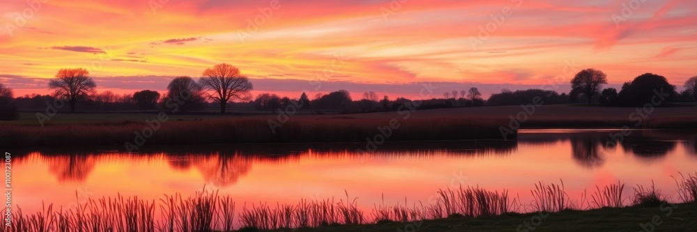 Obraz premium A serene landscape at dusk in the English countryside, with vibrant hues of orange and pink in the sky reflecting off a tranquil lake, vibrant, scenic