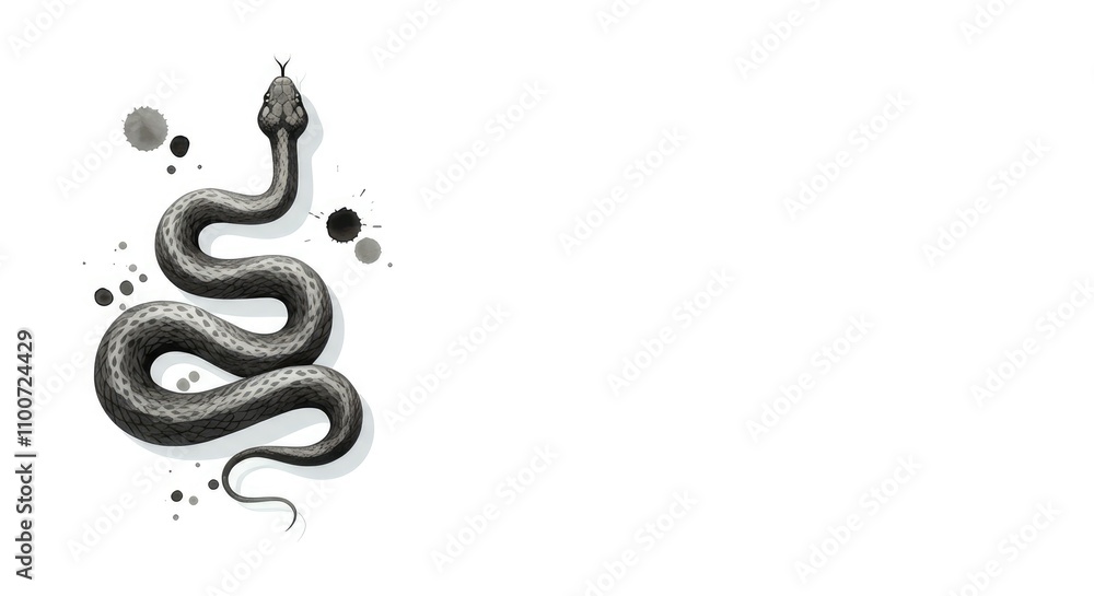 Black-and-white illustration of coiled snake with paint splatters Black-and-white illustration of coiled snake with paint splatters