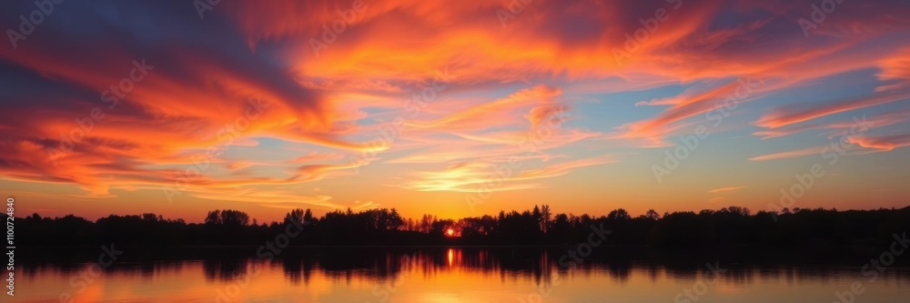 Fototapeta premium Vibrant orange and pink hues illuminate the sky as the sun rises over a calm lake, reflecting the stunning colors in the water below, peaceful, reflection
