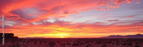 Vibrant hues of orange, pink, and purple paint the sky as the sun sets over the arid desert landscape, sunset, vibrant