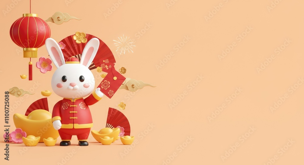 Fototapeta premium Cute rabbit in traditional outfit with lanterns and gold ingots for celebration