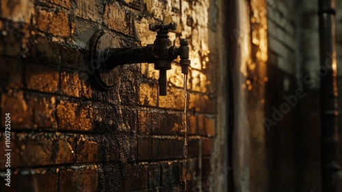 An old faucet drips water onto a brick wall, reflecting the soft golden light of dusk, creating a tranquil and contemplative scene