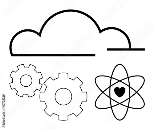 Cloud shape, two gear wheels, and atomic model with heart symbolize technology, engineering, innovation, and scientific research. Ideal for tech presentations, engineering, data storage science