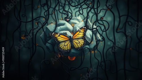 Butterfly trapped within a chaotic maze of swirling thoughts and emotions in abstract background, trapped, maze photo