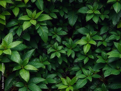 Lush green foliage in a dense jungle setting, nature, tropical