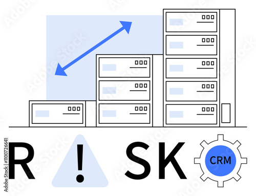 Stacked server racks, upward arrow, warning triangle, CRM gear, and text RISK. Ideal for cybersecurity, risk management, data analysis, network operations system reliability CRM systems business