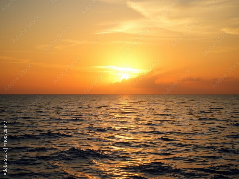 Fototapeta premium Vibrant sunrise over calm ocean waters, casting a warm golden glow, vibrant, sunset