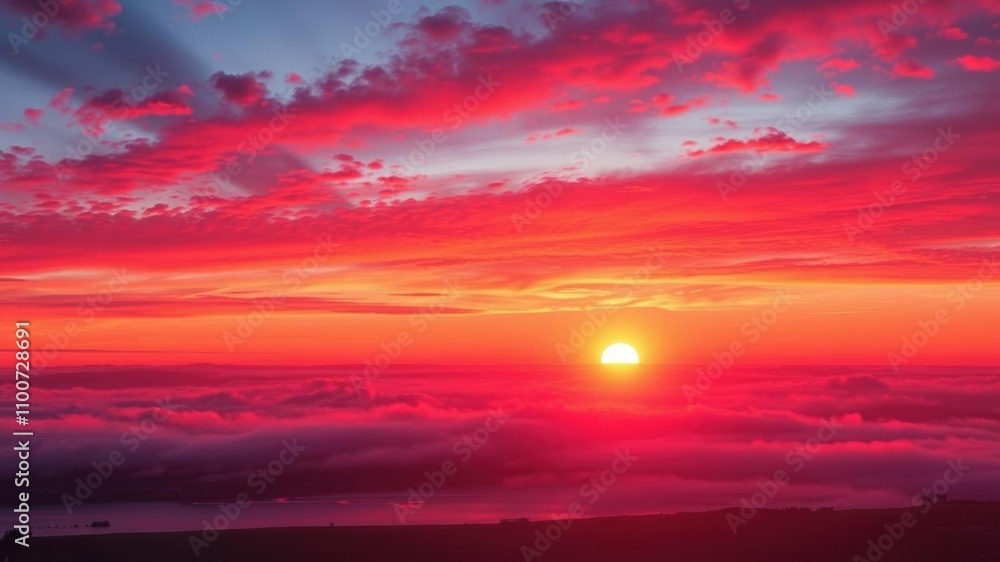 Fototapeta premium A vibrant red morning sky with the sun rising over a tranquil landscape, casting a warm glow over the clouds and water below, scenery, serene