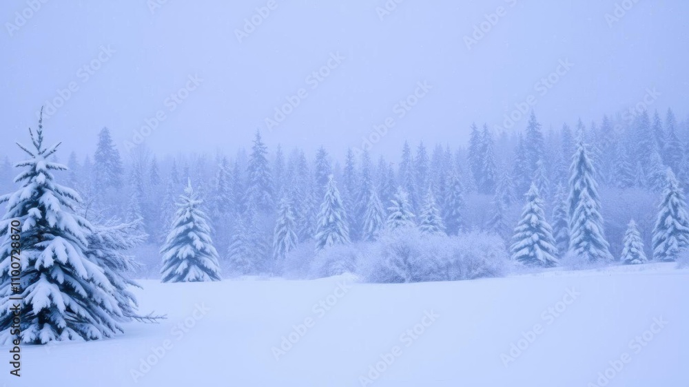 Obraz premium Enchanted winter landscape covered in sparkling snowflakes, with trees dusted in frost and a magical glow illuminating the scene, Christmas, Snowfall