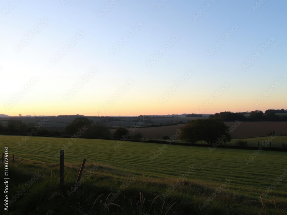 Obraz premium A serene view of the English countryside at dusk, with the soft glow of the setting sun casting a warm hue over the landscape, peaceful, rural