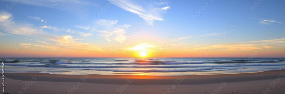 Obraz premium Spectacular sunrise over a serene beach with soft sand and calm waves, destination, serene