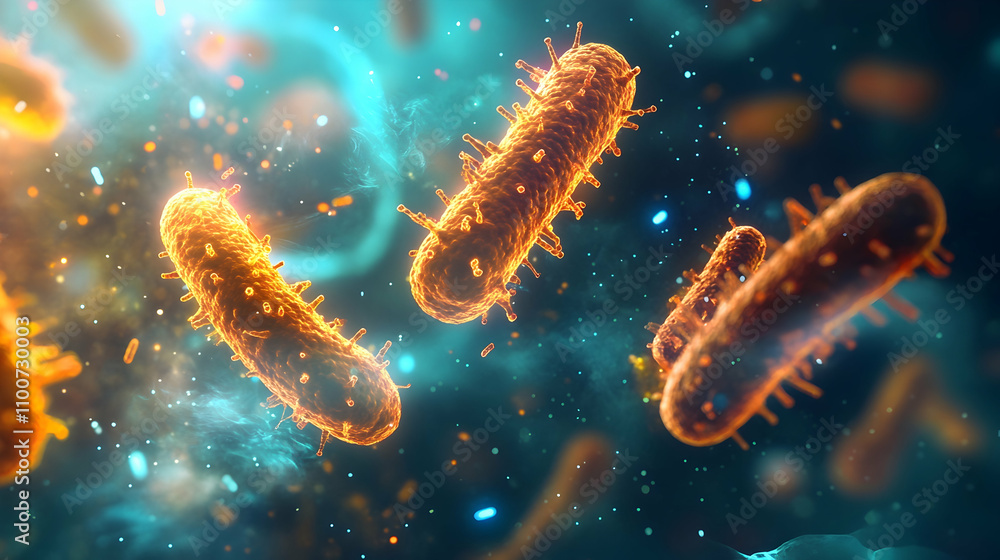 Glowing orange bacteria floating in a teal microbiological environment, representing vibrant cellular activity. Glowing orange bacteria floating in a teal microbiological environment, representing vibrant cellular activity.