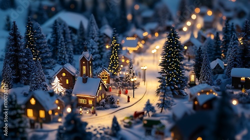 Fototapeta Naklejka Na Ścianę i Meble -  A small winter village illuminated by street lamps and Christmas decorations, surrounded by a serene snow-covered forest 
