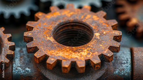 rusty gears and cogs, part of an intricate machine, symbolizing mechanical complexity, decay, and the passage of time in a steampunk-inspired industrial setting