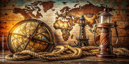 Old Globe, Lighthouse, and Sea Knot on an Abstract Nautical Map Background for Pirate and Explorer Themes – Grunge Travel Inspiration photo