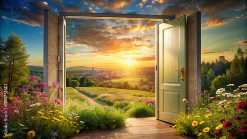Open Door to a Bright Future: A Double Exposure Photography Concept Merging Nature's Beauty with a Pathway to Success and New Opportunities in Life photo