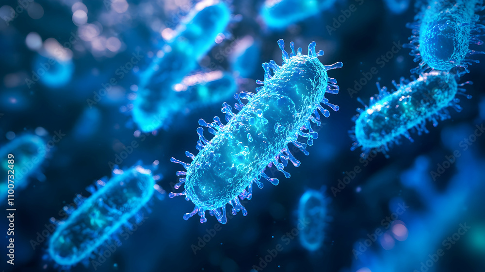 A glowing blue bacteria with spiked appendages floating in a vibrant microscopic environment. A glowing blue bacteria with spiked appendages floating in a vibrant microscopic environment.