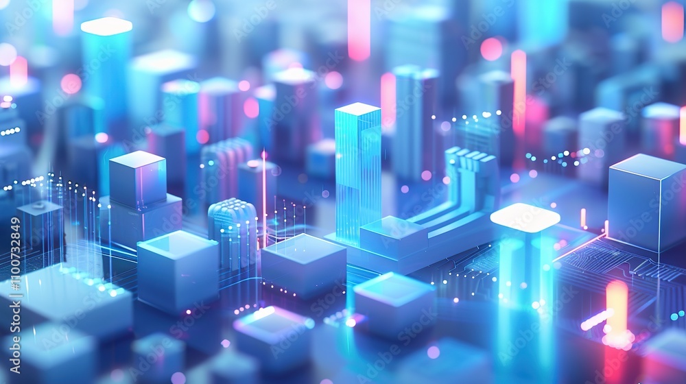 Professional Isometric Graph With Blue Bars and Luminous 3D Functional Illustration Professional Isometric Graph With Blue Bars and Luminous 3D Functional Illustration
