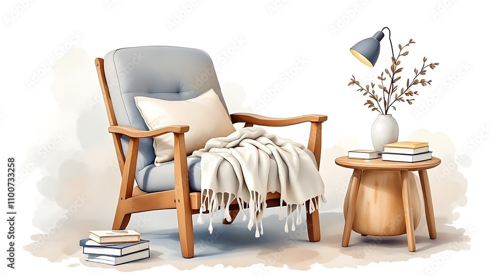 Fototapeta premium Reading book clipart with a cozy chair and lamp. watercolor illustration, Perfect for nursery art, simple clipart, single object, white color background.