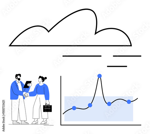 Cloud symbol two business people shaking hands line graph with data points. Ideal for business strategy, cloud computing, teamwork, data analysis, sales growth, partnerships, innovation. Line photo