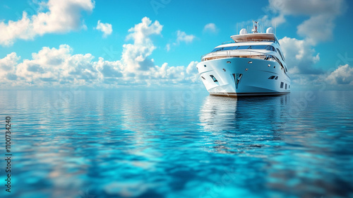 sleek modern yacht anchored in crystal-clear blue waters, symbolizing luxury, freedom, and serenity with its smooth design and calm environment, offering an escape into tranquility and elegance photo