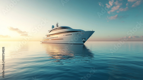 sleek modern yacht anchored in crystal-clear blue waters, symbolizing luxury, freedom, and serenity with its smooth design and calm environment, offering an escape into tranquility and elegance photo