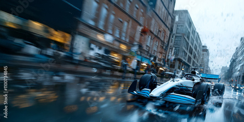 F1 race car speeding through city streets in Argentina during the rain photo