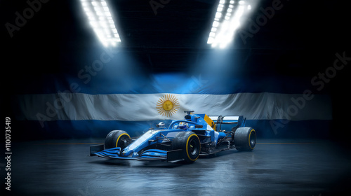 Franco Colapinto F1 car with Argentina flag in studio shot