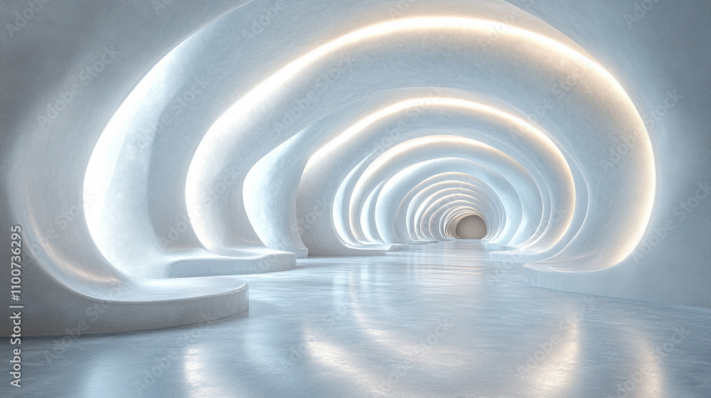 Fototapeta premium sleek modern white tunnel interior with flowing curved walls creating a sense of openness and infinity, symbolizing movement, progression, and the merging of technology with design