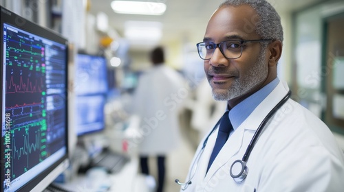 Doctor at work in a busy hospital, focused on charting and monitoring patient progress on digital screens photo