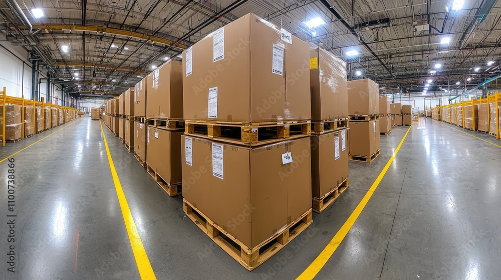 Fototapeta premium A spacious warehouse filled with neatly stacked boxes on pallets, showcasing an organized storage environment.