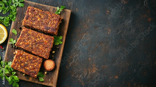 Sliced spicy meatloaf on wooden board with herbs and lemon slice photo