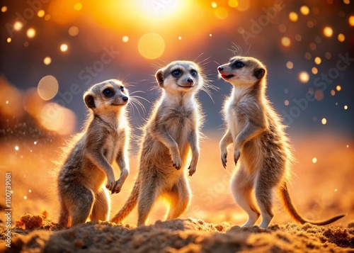 Wallpaper Mural Playful Meerkat Trio in the Kalahari Desert: A Joyful Scene of Suricata Suricatta Engaging in Fun on the Sand with Bokeh Effect and Vibrant Natural Background Torontodigital.ca
