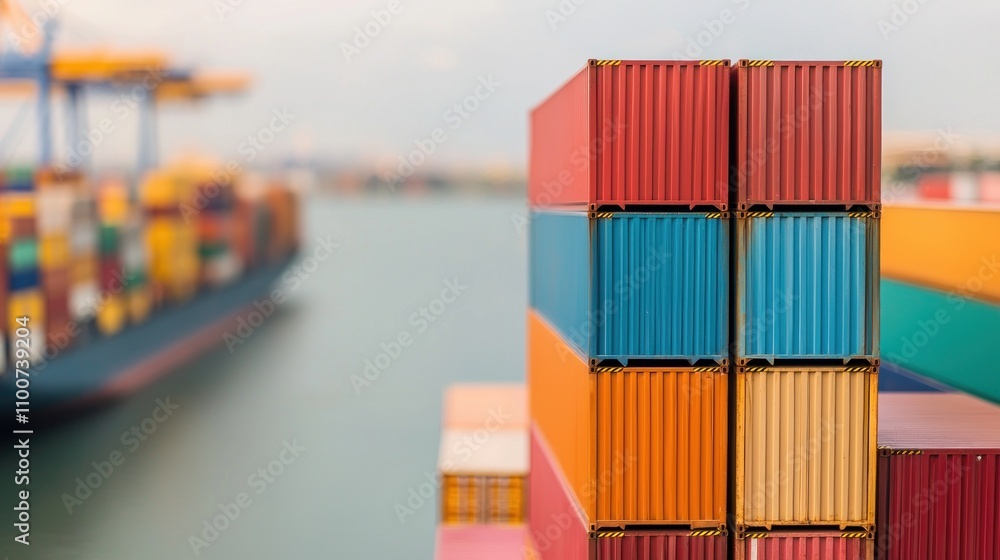Obraz premium Colorful shipping containers stacked at a port, with a cargo ship in the background, illustrating global trade and logistics.