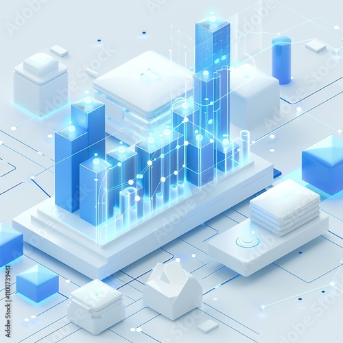 Elegant Graph Illustration Featuring Blue Bars and Luminous 3D Objects in Functional Design