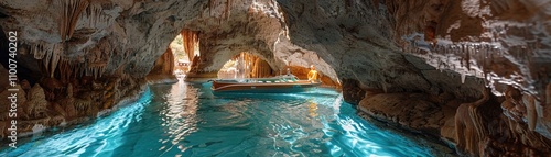 A glass-bottomed boat tour through a series of crystalline caverns illuminated by natural light shafts