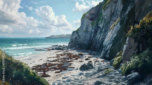 Digital painting of a secluded cove with a rocky cliff, sandy beach, and calm ocean. Serene and peaceful atmosphere. photo