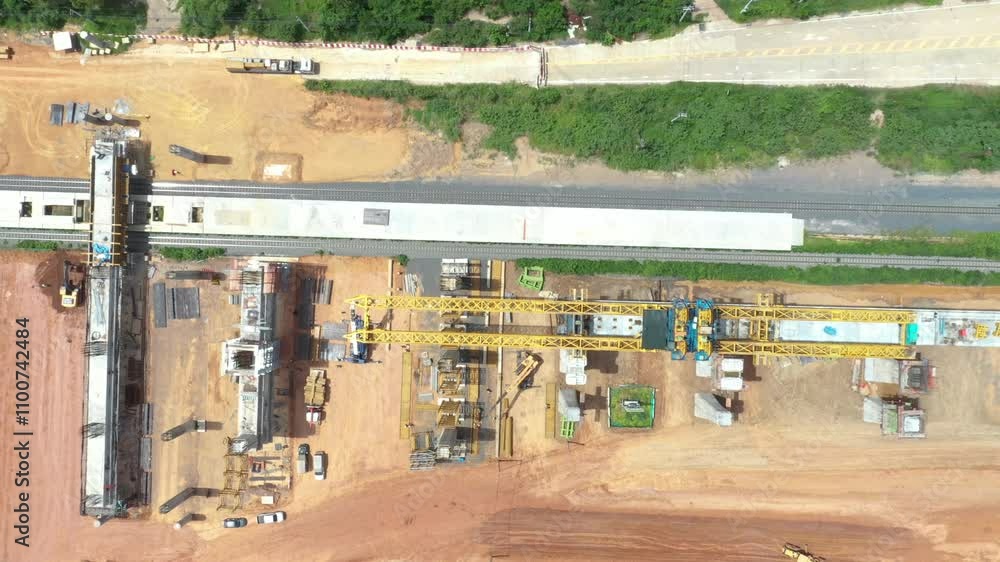 New construction site with crane and mechanical equipments on blue sky background, Infrastructure of high-speed train construction site of Chinese made FuxingHao, base from CR400AF for transportation.